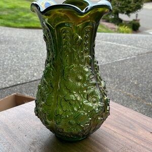 Vintage Floral Green Vase Carnival Glass 12 1/2in tall x 6 1/2in wide